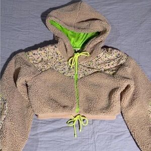 For Love and Lemons Cozy Cream Sherpa Hoodie with Neon Green Accents Size Small